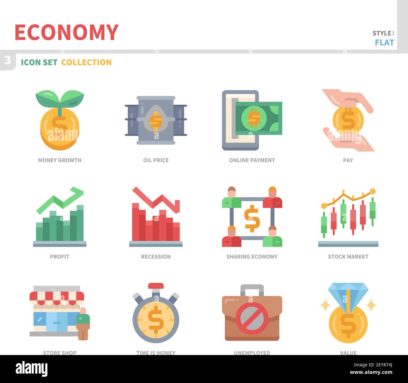 set di icone economy, stile piatto a colori, vettoriale e illustrazione Illustrazione Vettoriale