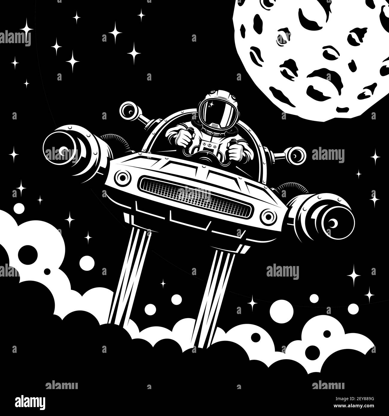 Poster retrò di esplorazione Marte con spaceman. Illustrazione Vettoriale