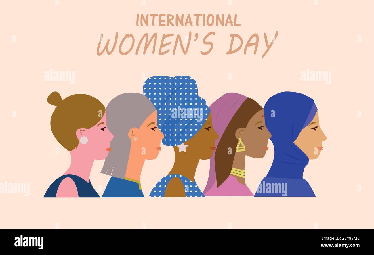 Illustrazione della giornata internazionale delle donne. 5 Donne di diversa etnia. Illustrazione Vettoriale