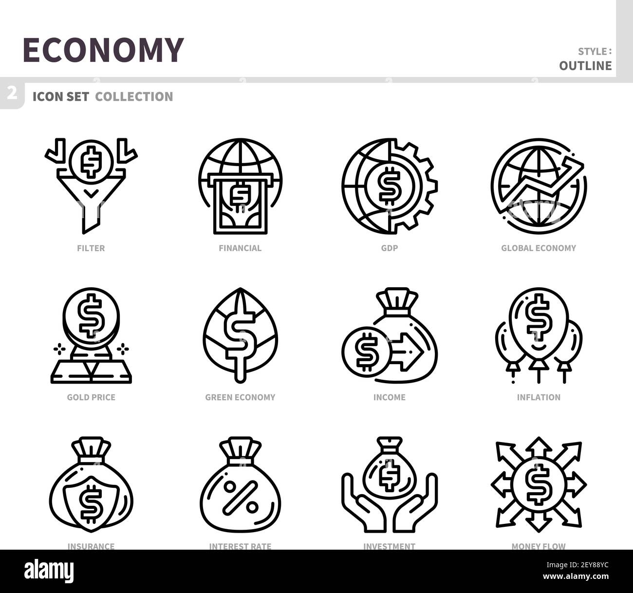set di icone economy, stile contorno, vettore e illustrazione Illustrazione Vettoriale