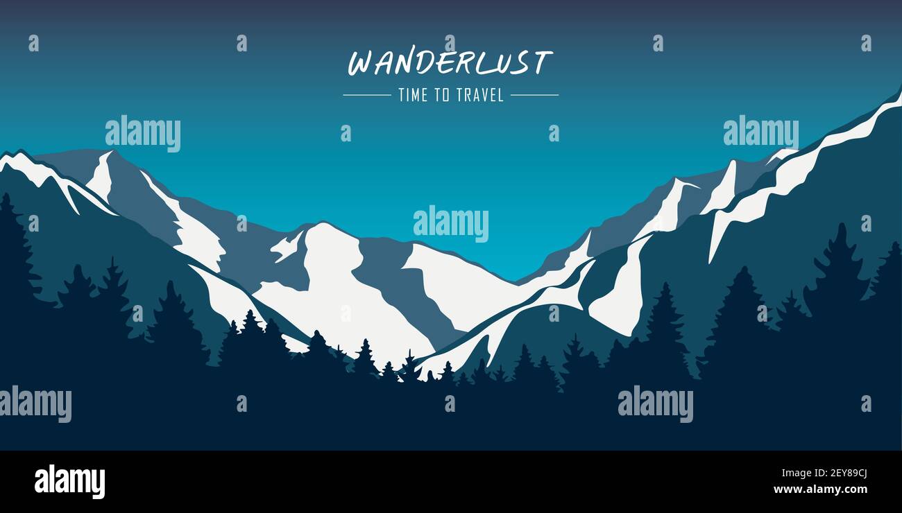 wanderlust neve montagne e foresta blu inverno paesaggio illustrazione vettore EPS10 Illustrazione Vettoriale