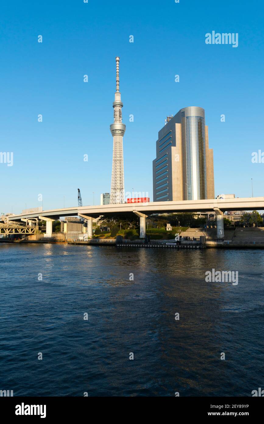Il Tokyo Skytree si trova dietro la Tokyo Expressway, oltre il fiume Sumida Tokyo. Foto Stock