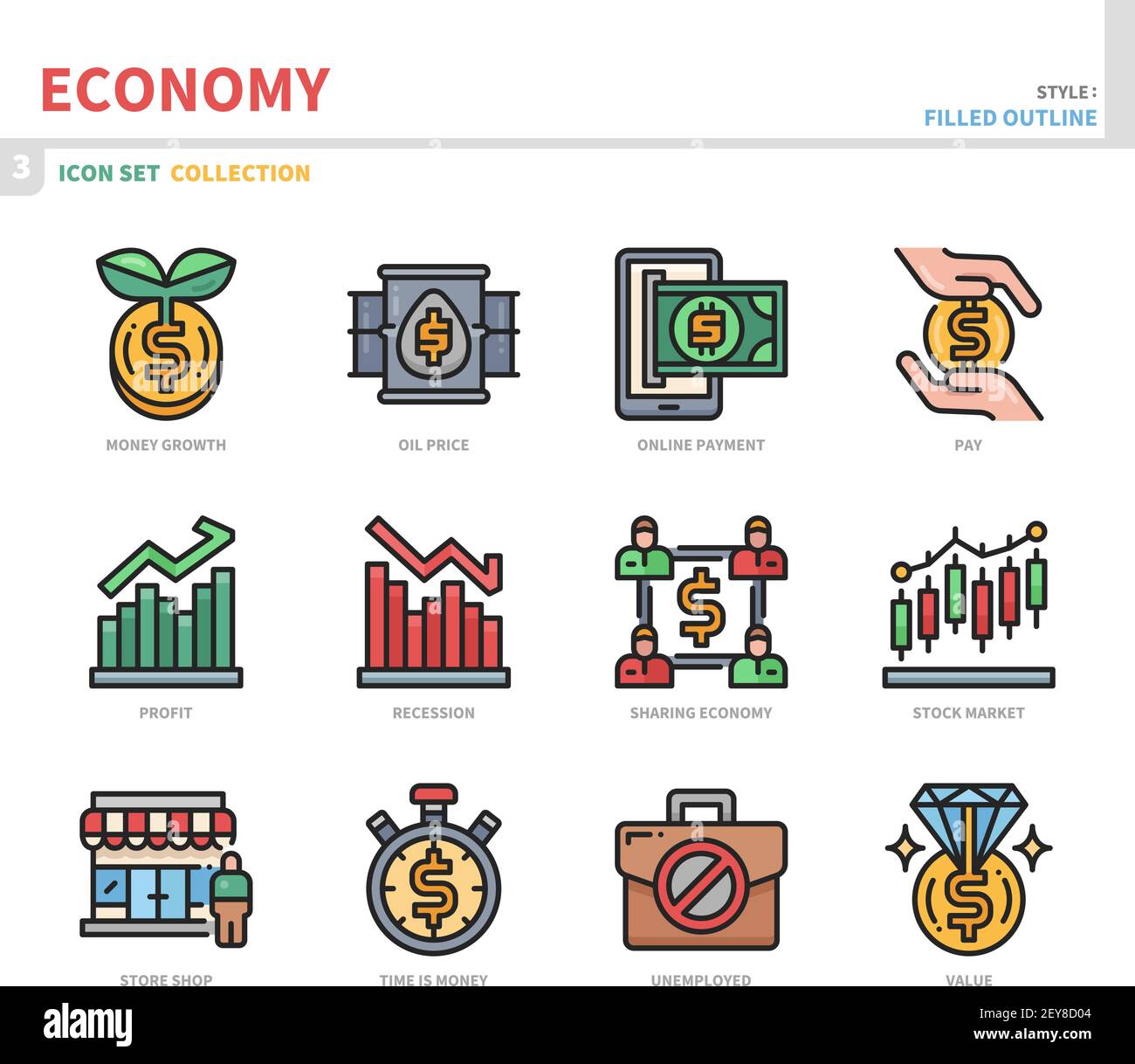 set di icone economy, stile contorno pieno, vettore e illustrazione Illustrazione Vettoriale