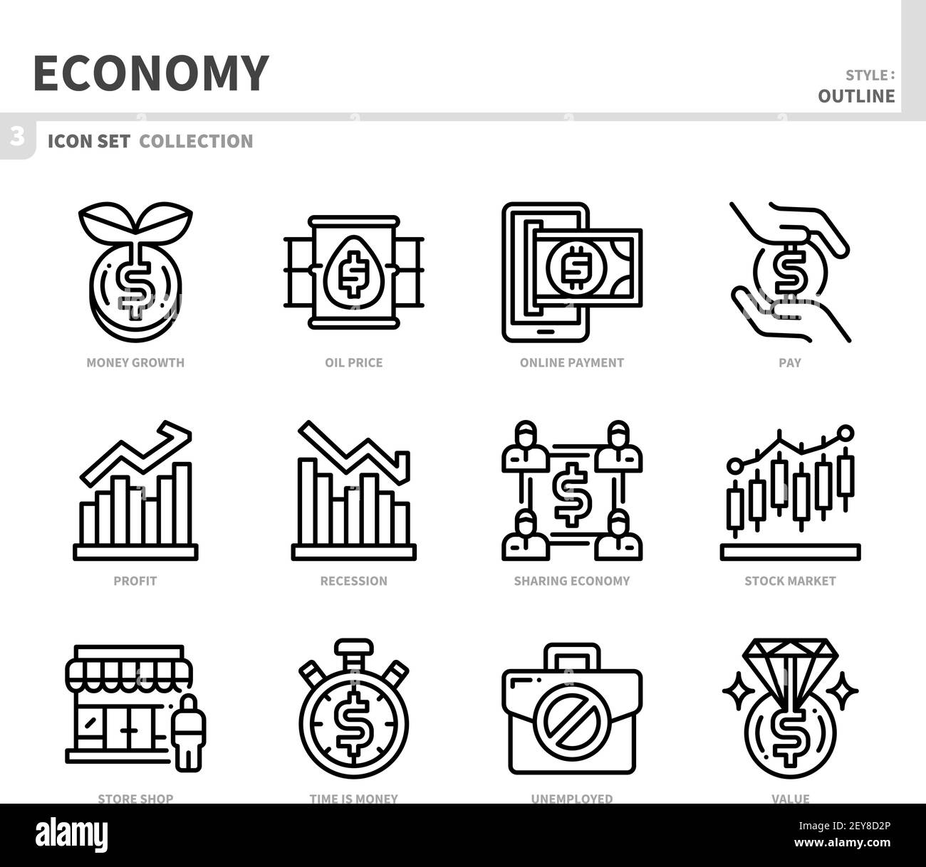 set di icone economy, stile contorno, vettore e illustrazione Illustrazione Vettoriale
