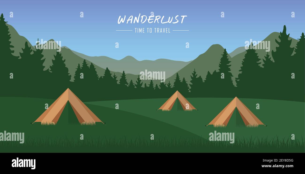 Summer Camp tende sul prato verde con vista montagna illustrazione vettoriale EPS10 Illustrazione Vettoriale