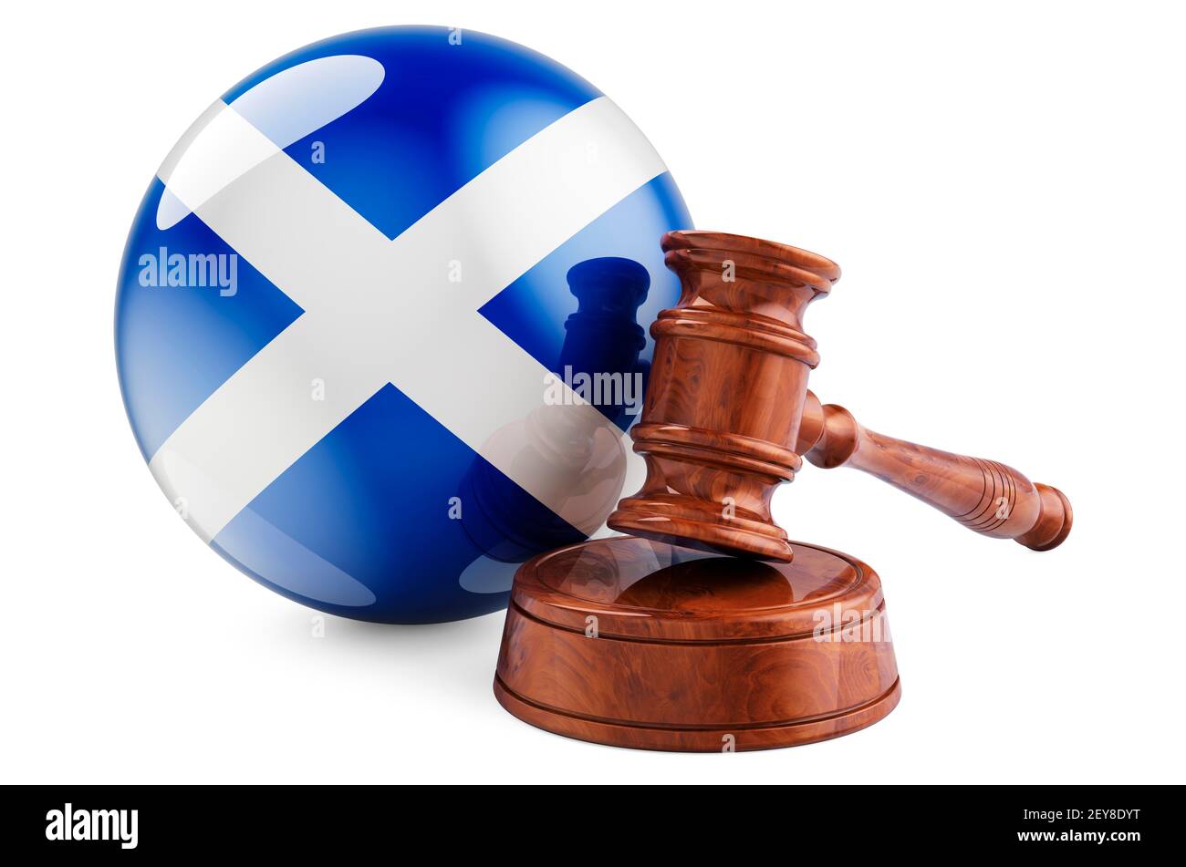 Legge scozzese e concetto di giustizia. Gavel di legno con bandiera della Scozia. Rendering 3D isolato su sfondo bianco Foto Stock