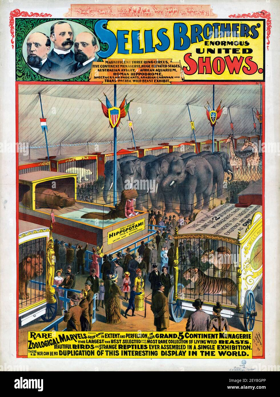 Vende le enormi esposizioni unite dei Fratelli. Poster Circus classico, stile antico e vintage. 1890s. Animali in gabbie. Meraviglie zoologiche. Foto Stock