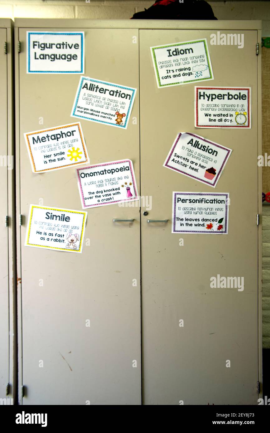 I termini grammaticali della lingua figurativa sono scritti fuori su una porta dell'armadietto dell'aula in una scuola media della California. Foto Stock