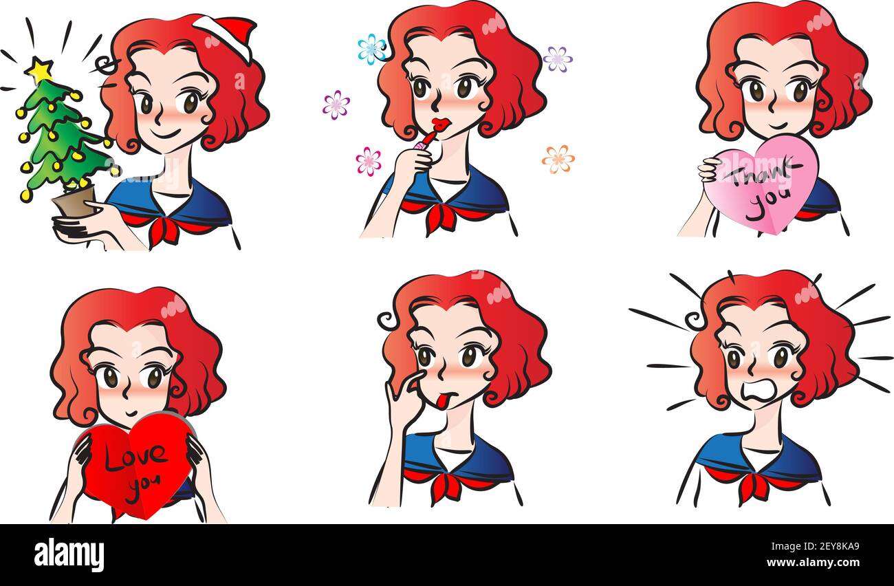 vettore cartone animato hight scuola capelli rossi ragazza emoji set Foto Stock
