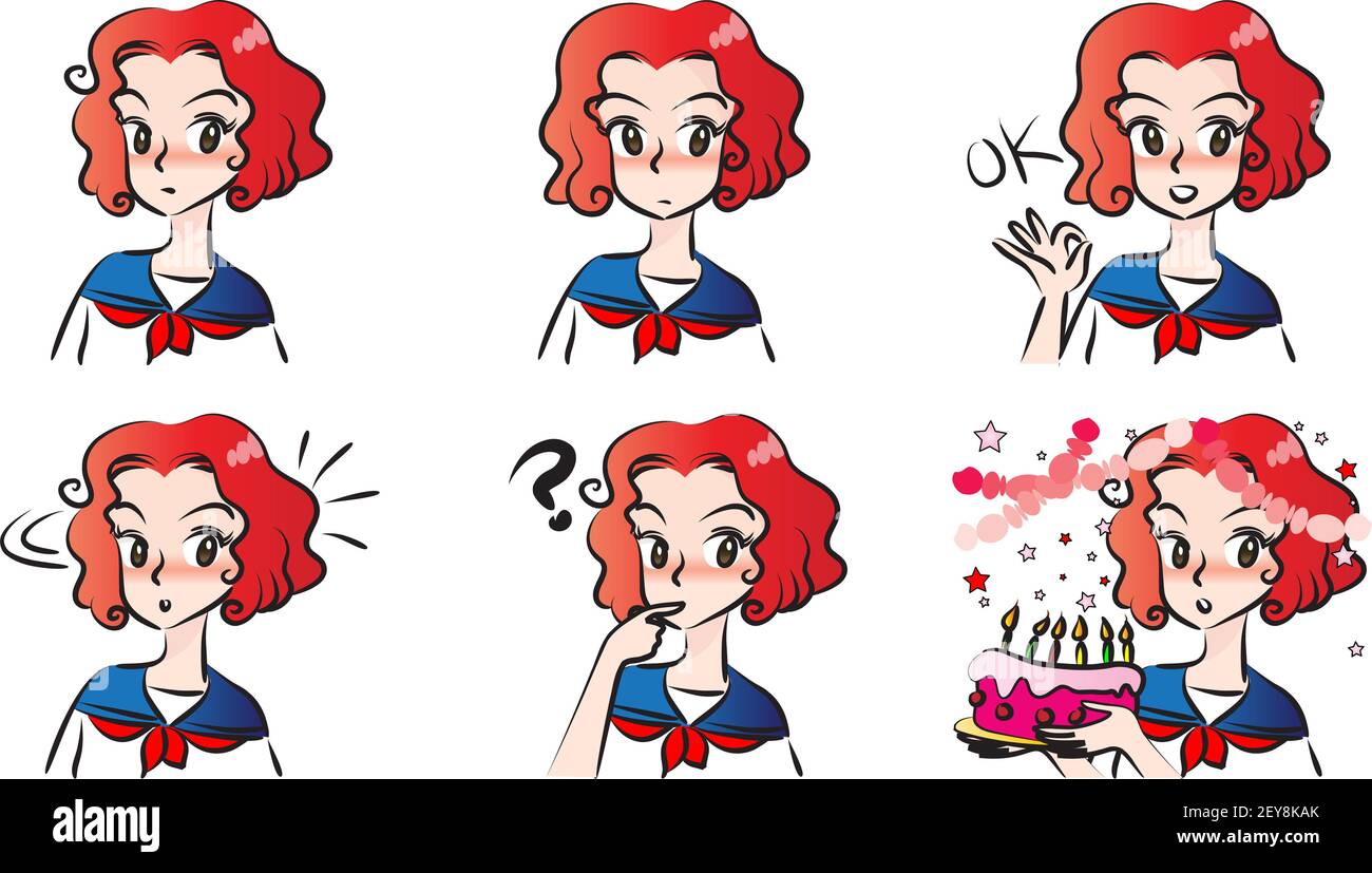 vettore cartone animato hight scuola capelli rossi ragazza emoji set Foto Stock