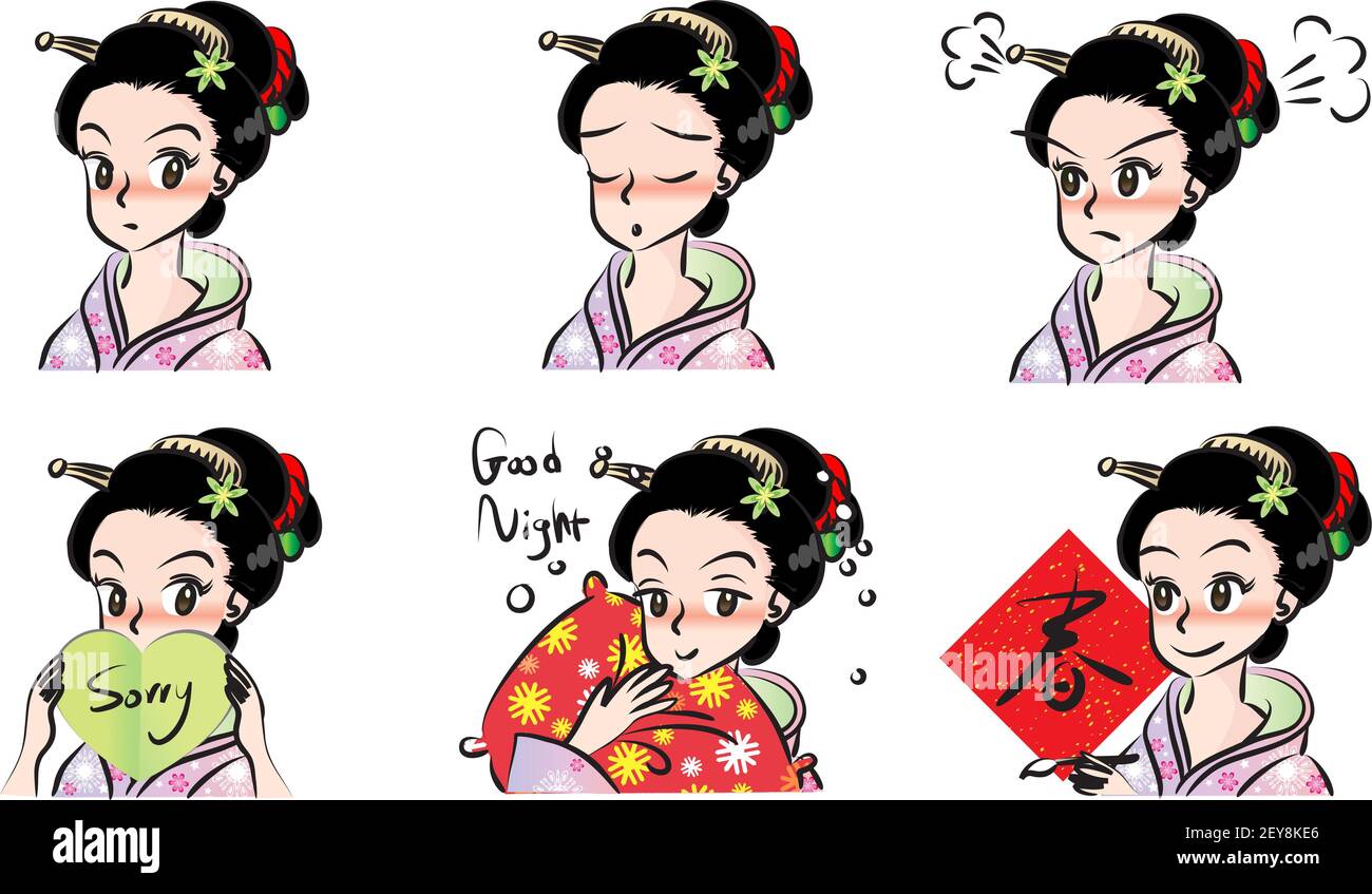 Vector cartone animato giapponese ragazza emoji set Foto Stock