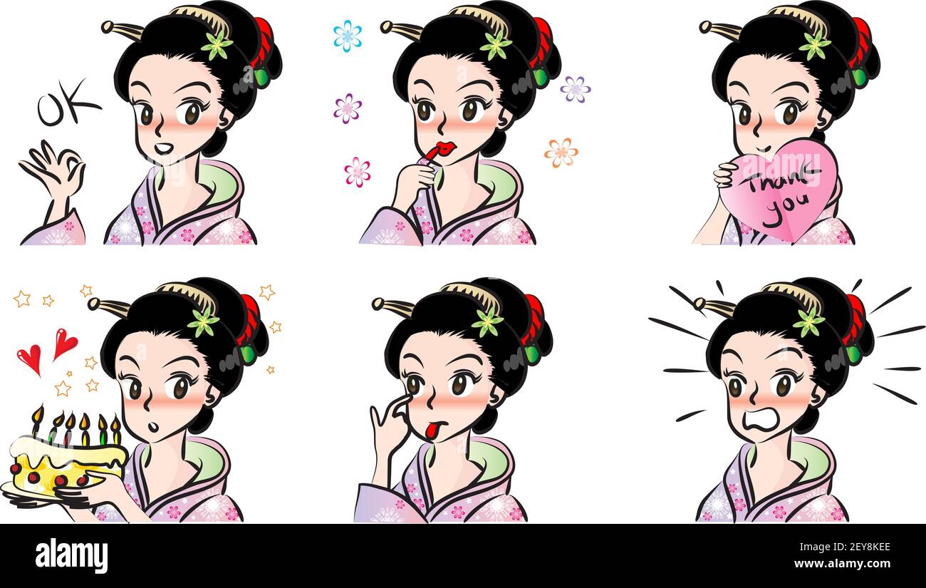 Vector cartone animato giapponese ragazza emoji set Foto Stock