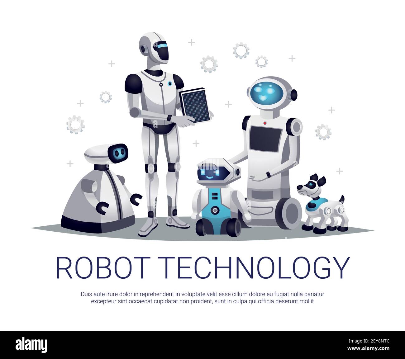 Robot di nuova generazione tecnologia futura composizione piatta con umanoide automatizzato illustrazione vettoriale di aiutanti e animali domestici telecomandati Illustrazione Vettoriale