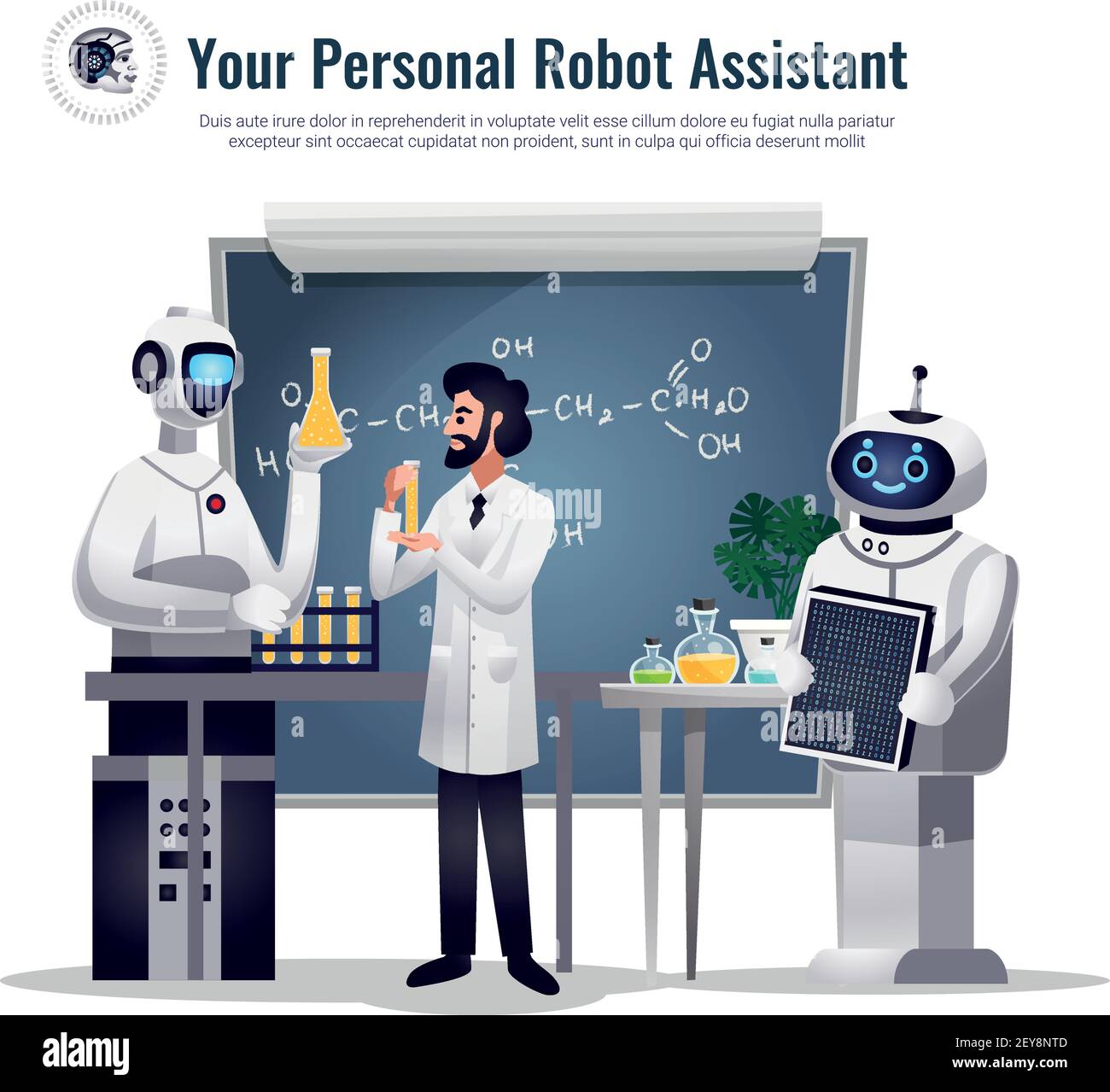 Robot in ricerca scientifica composizione piatta con assistenti umanoidi automatizzati esecuzione di test in un'illustrazione vettoriale del laboratorio chimico Illustrazione Vettoriale