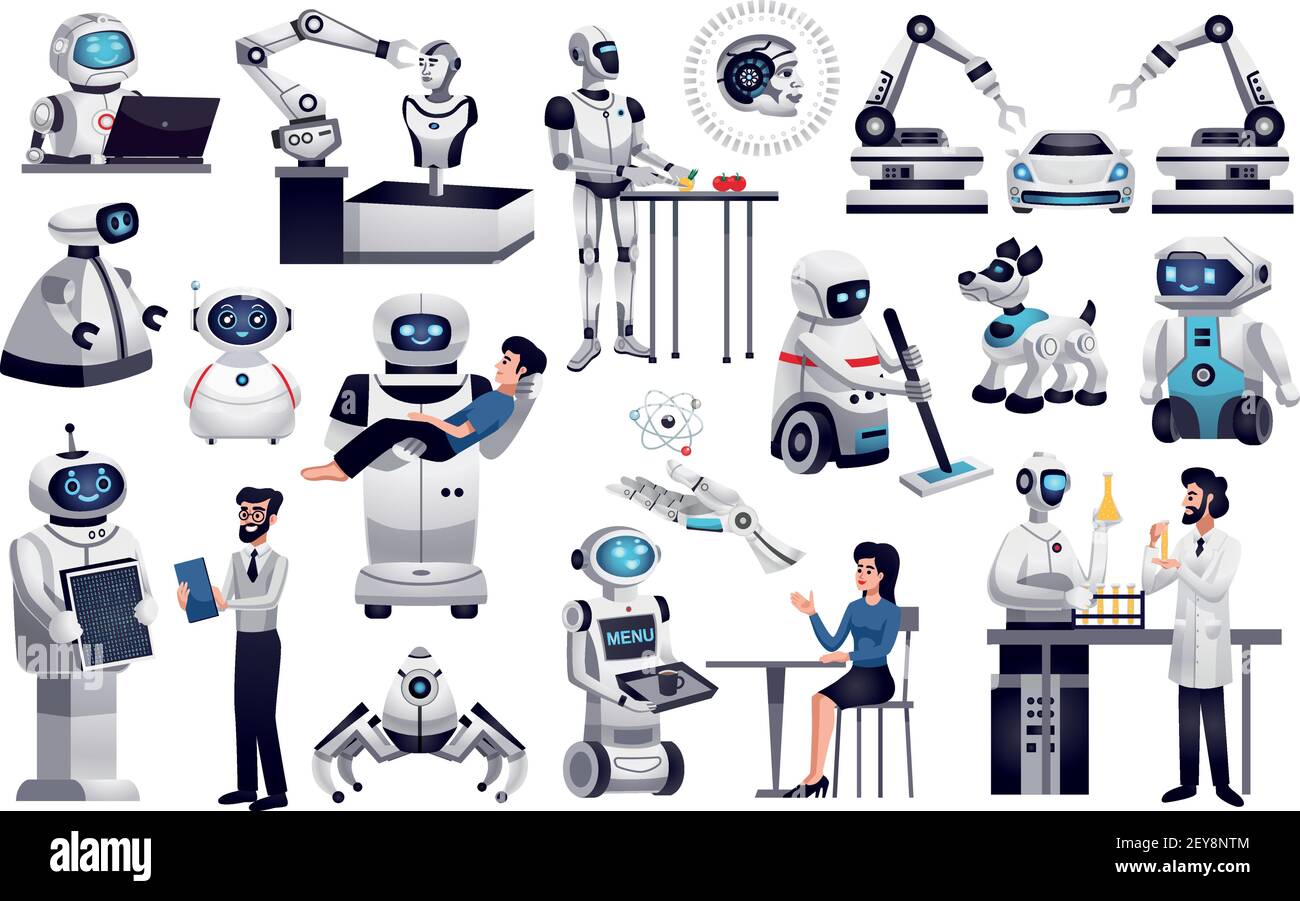 Robot macchine di intelligenza artificiale di nuova generazione nell'industria medicina housekeeping illustrazione vettoriale flat set di compagni di office helper Illustrazione Vettoriale