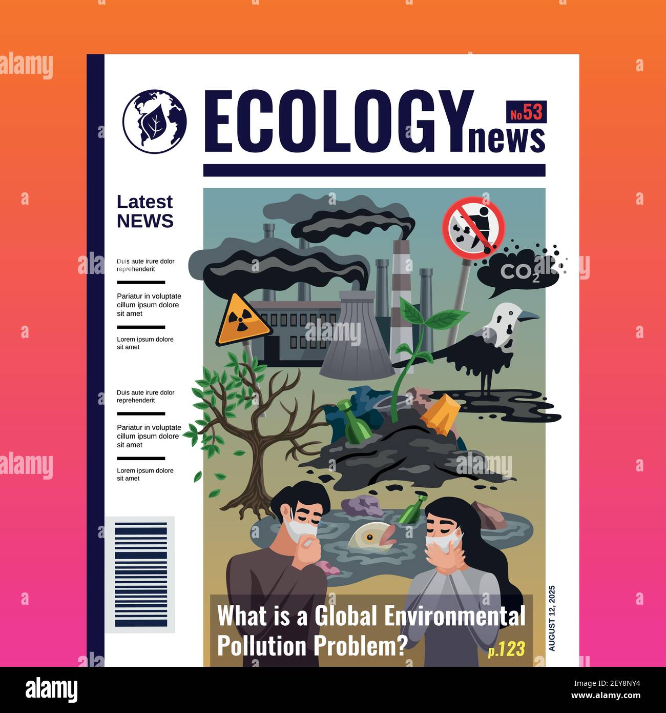 La rivista di notizie sull'ecologia riguarda il design con problemi di inquinamento ambientale globale titoli degli articoli simboli immagini vettoriali piatte Illustrazione Vettoriale