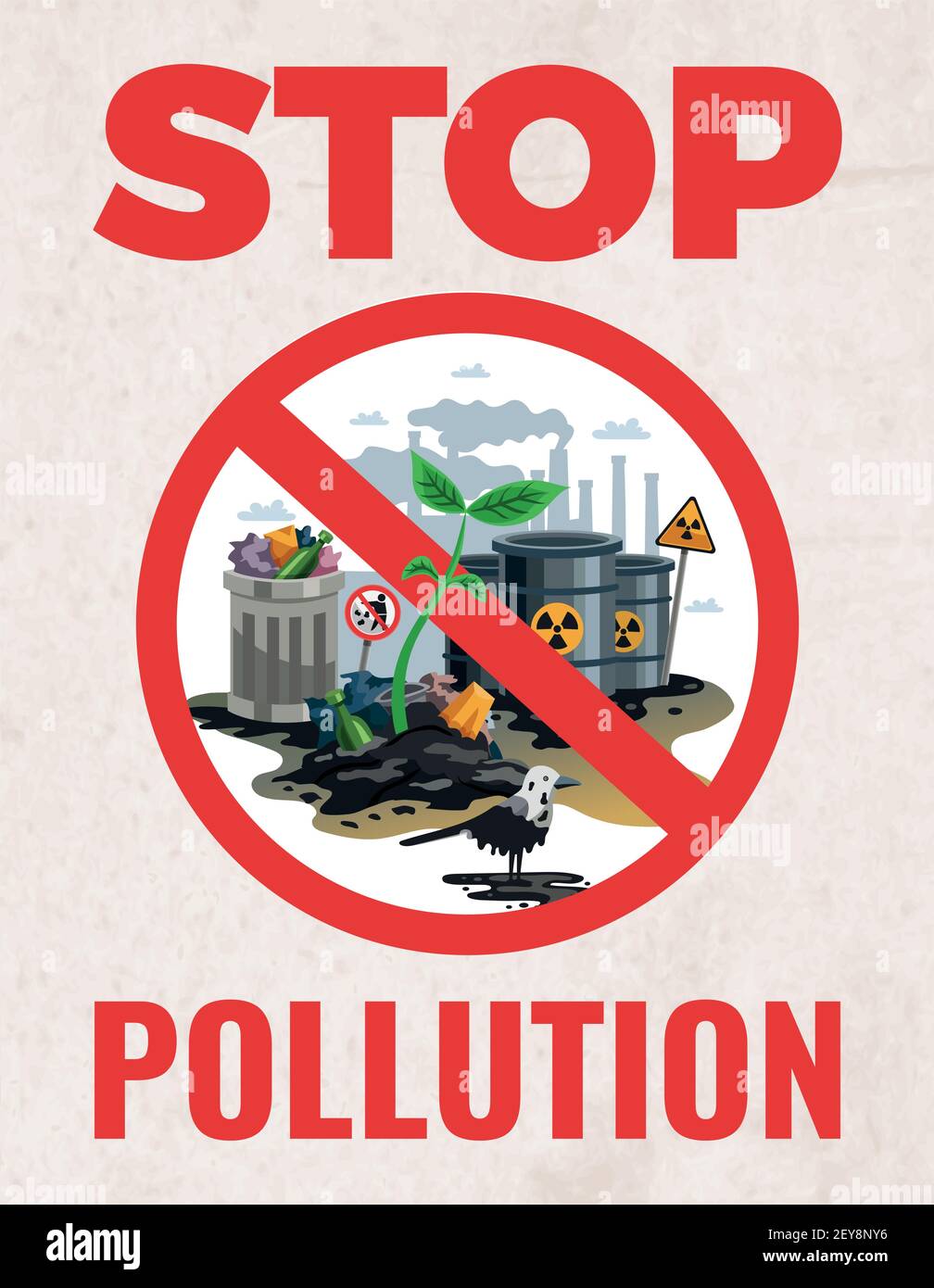 Stop inquinamento segno ambientale consapevolezza poster con salvare terra proteggere simboli di allarme ambientale planare immagine vettoriale piatta Illustrazione Vettoriale