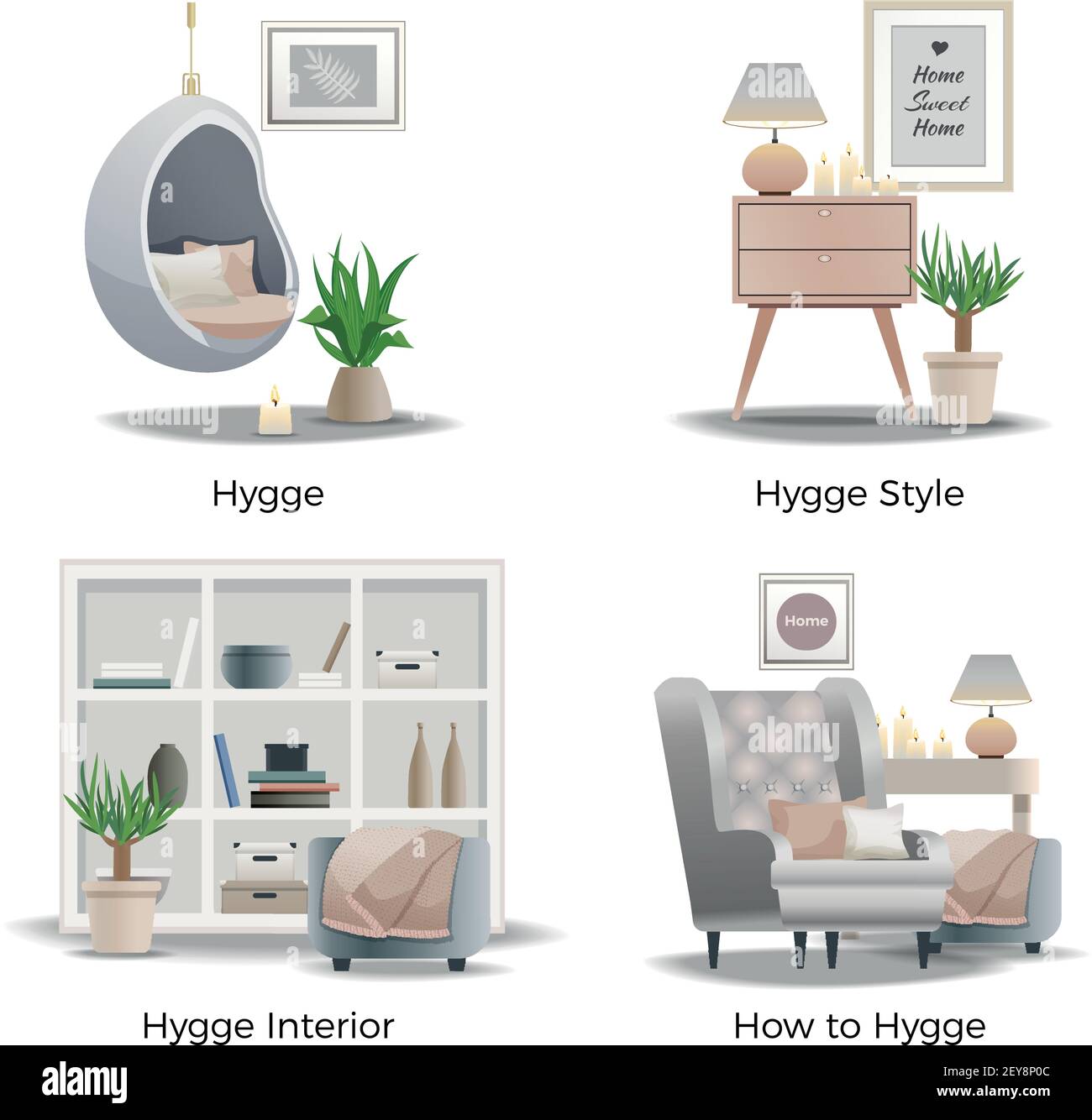 Scandinavian hygge Style Concept 4 accoglienti composizioni di interior design con candele comodi angoli di lettura illustrazione vettoriale isolata Illustrazione Vettoriale