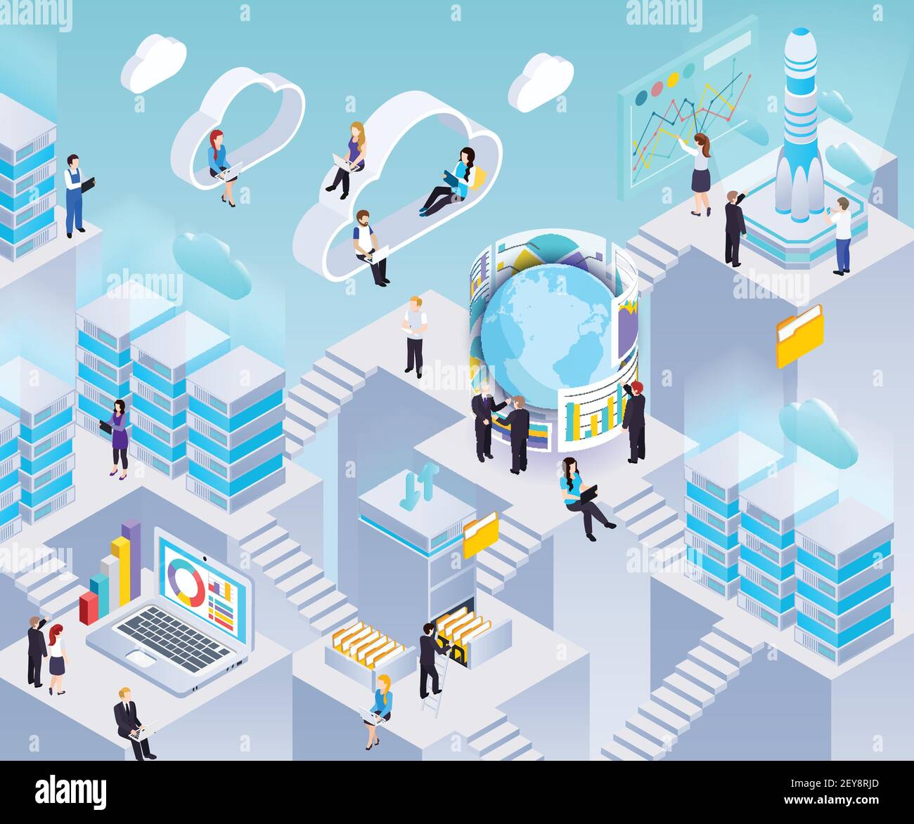 Tecnologia dei sistemi di analisi dei big data software composizione dei simboli isometrici incandescenti con l'illustrazione vettoriale dello storage cloud di exchange analysis Illustrazione Vettoriale