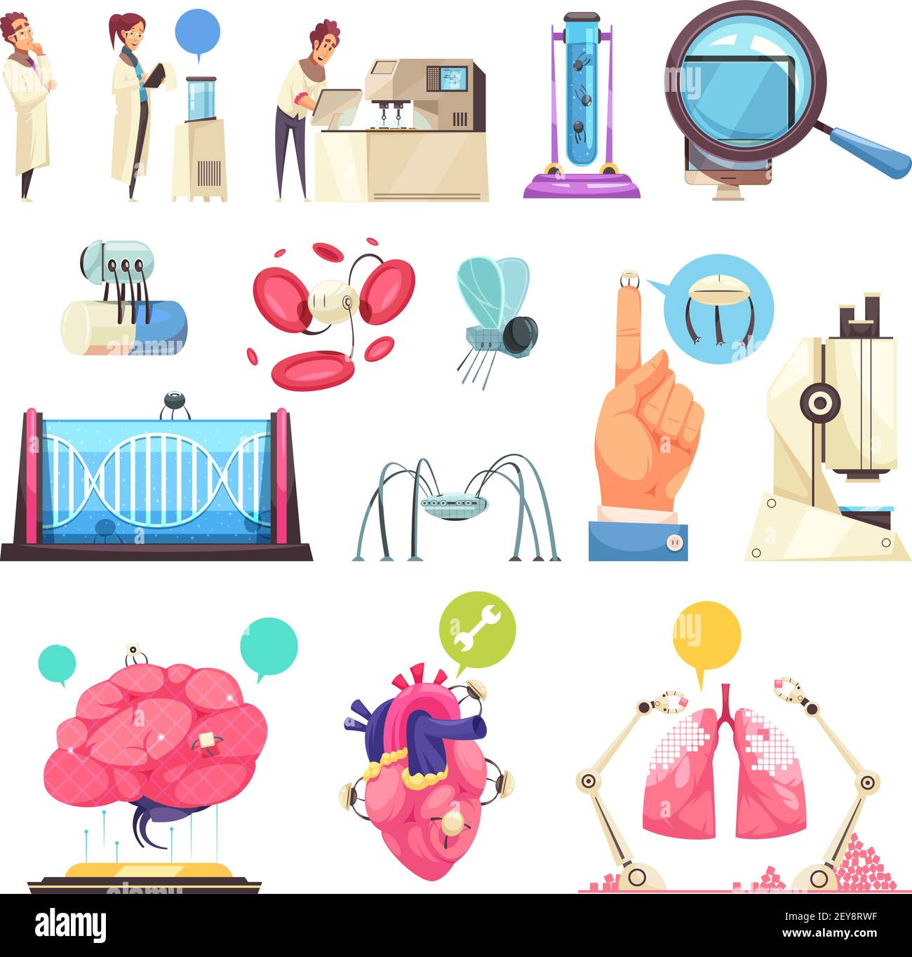 Nanotecnologie icone decorative insieme di organi umani nano robot micro illustrazione vettoriale isolata di chip e apparecchiature di laboratorio Illustrazione Vettoriale