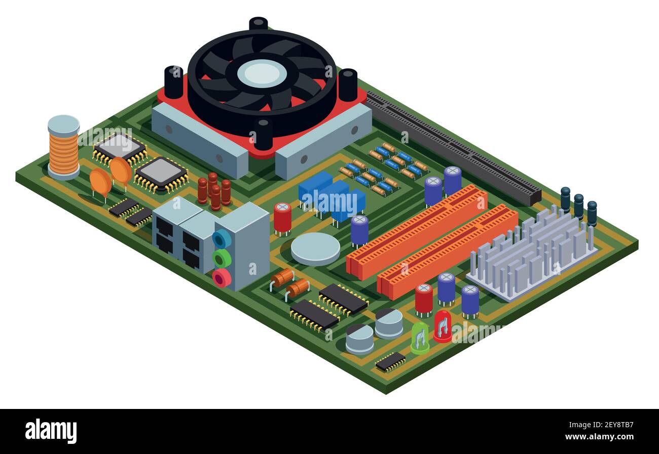 Piastra di sistema per illustrazione vettoriale isometrica pc con elementi semiconduttori slot condensatori a microchip diodi transistor Illustrazione Vettoriale