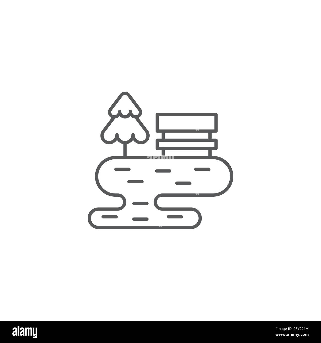 panca con simbolo di stile lineare ad albero e a laghetto per banco di sosta mobile concept e web design Illustrazione Vettoriale