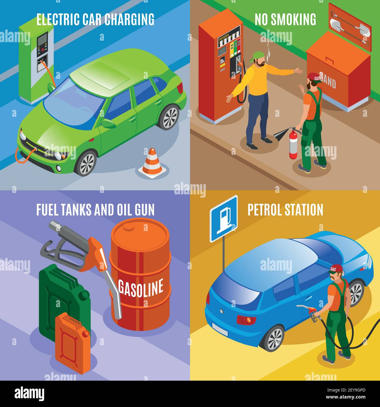 Le stazioni di gas riempano il concetto di design isometrico 2x2 con composizioni di immagini auto serbatoi carburante e testo vettoriale illustrazione Illustrazione Vettoriale