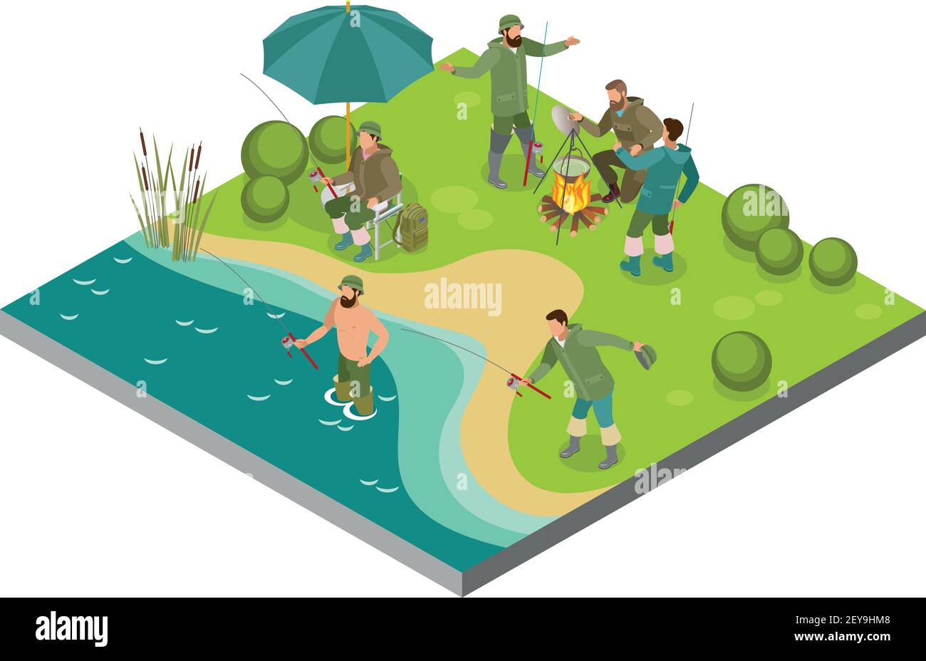 Turismo della pesca composizione isometrica con pescatori vicino al falò e durante cattura su riva fiume vettore illustrazione Illustrazione Vettoriale
