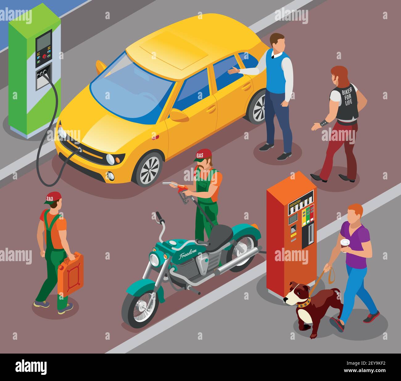 Le stazioni di gas riempiono la composizione isometrica con colonne di riempimento a benzina per auto e moto con personaggi illustrazione vettoriale persone Illustrazione Vettoriale