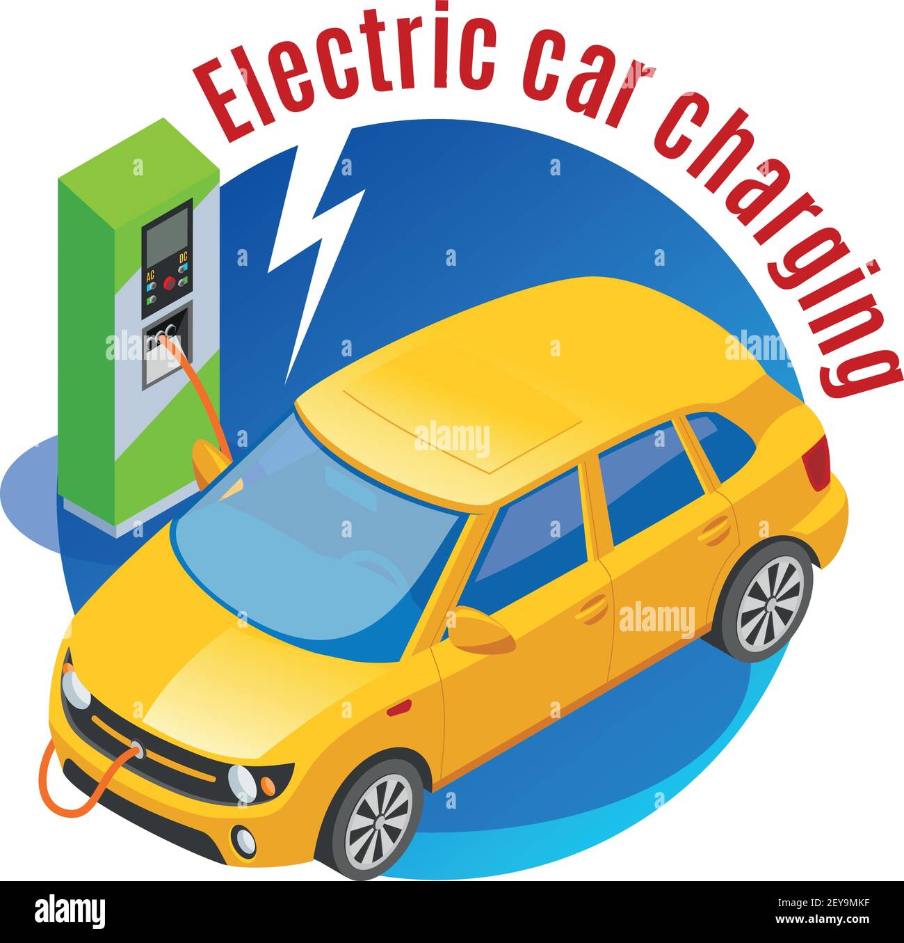 Le stazioni di servizio ricaricano lo sfondo isometrico con l'automobile elettrica in carica con stazione di ricarica e-mobility, immagini vettoriali Illustrazione Vettoriale