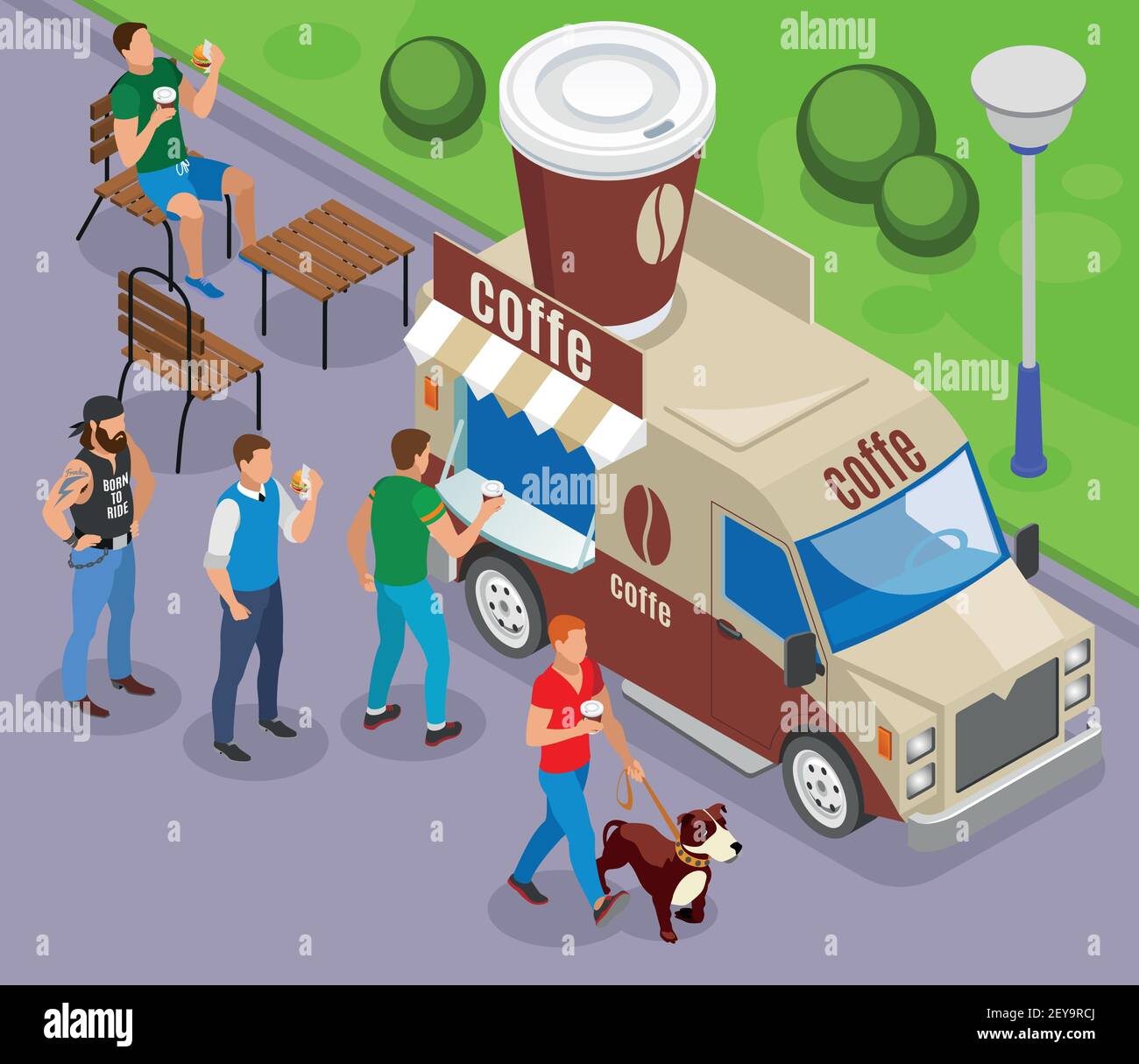 Street food car con commercio di caffè composizione isometrica con illustrazione dei clienti in coda Illustrazione Vettoriale