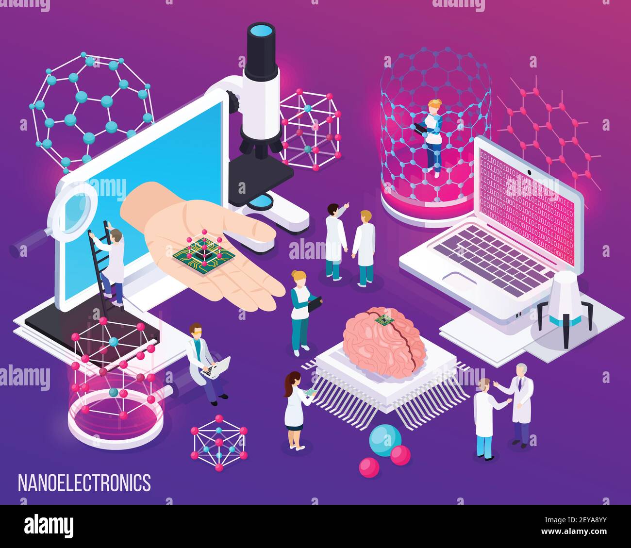 La composizione isometrica della nanoelettronica con icone ha dimostrato i risultati scientifici in microbiologia e l'illustrazione vettoriale della medicina moderna Illustrazione Vettoriale