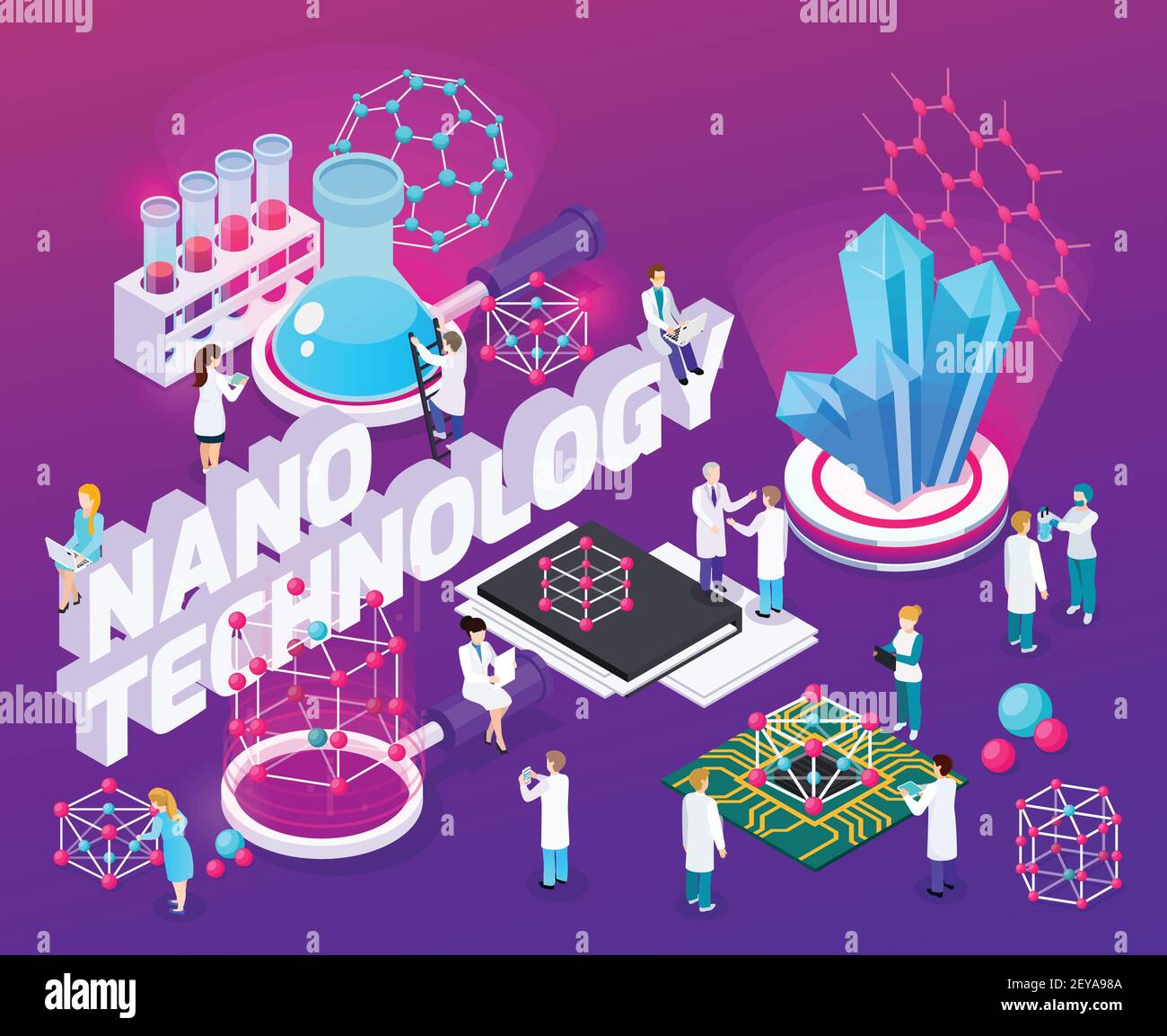 Nanotecnologia composizione astratta isometrica con micro chip struttura 3d fullerene nanotubi di carbonio monocristallino icone illustrazione vettoriale Illustrazione Vettoriale