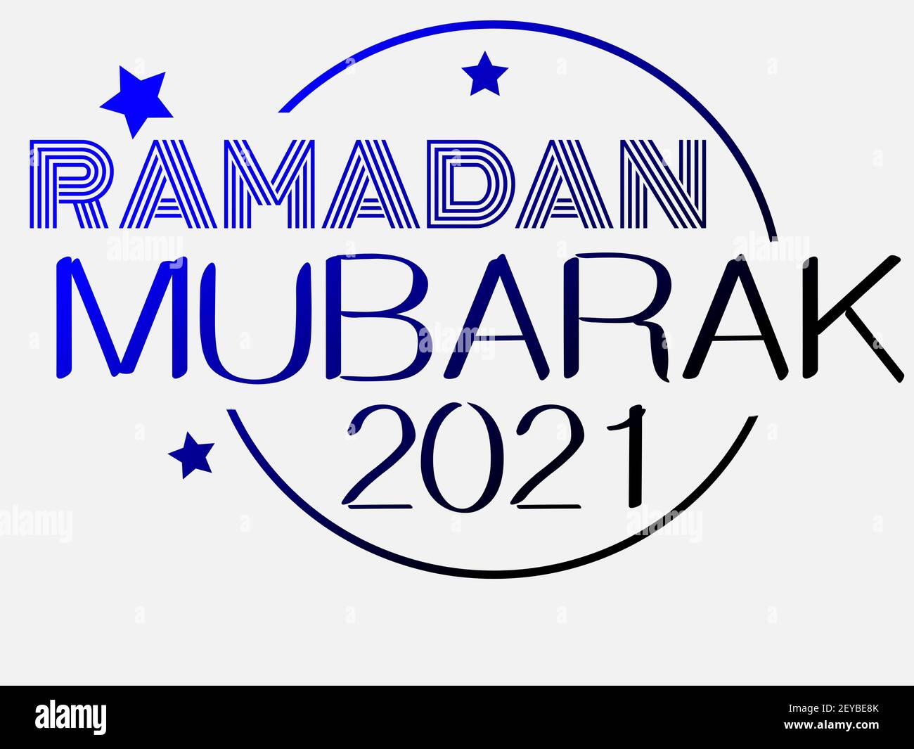 Illustrazione colorata di Ramadan Mubarak 2021. Elegante design con logo con stelle. Design basato su testi o testi in colori vivaci su sfondo bianco. Foto Stock