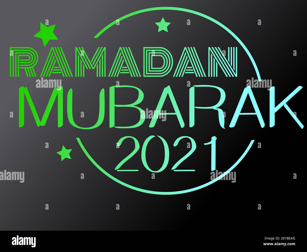 Disegno grafico flat Ramadan Mubarak 2021 con logo colorato e vivace. Colori premium verdi e blu cielo isolati su sfondo grigio scuro Foto Stock