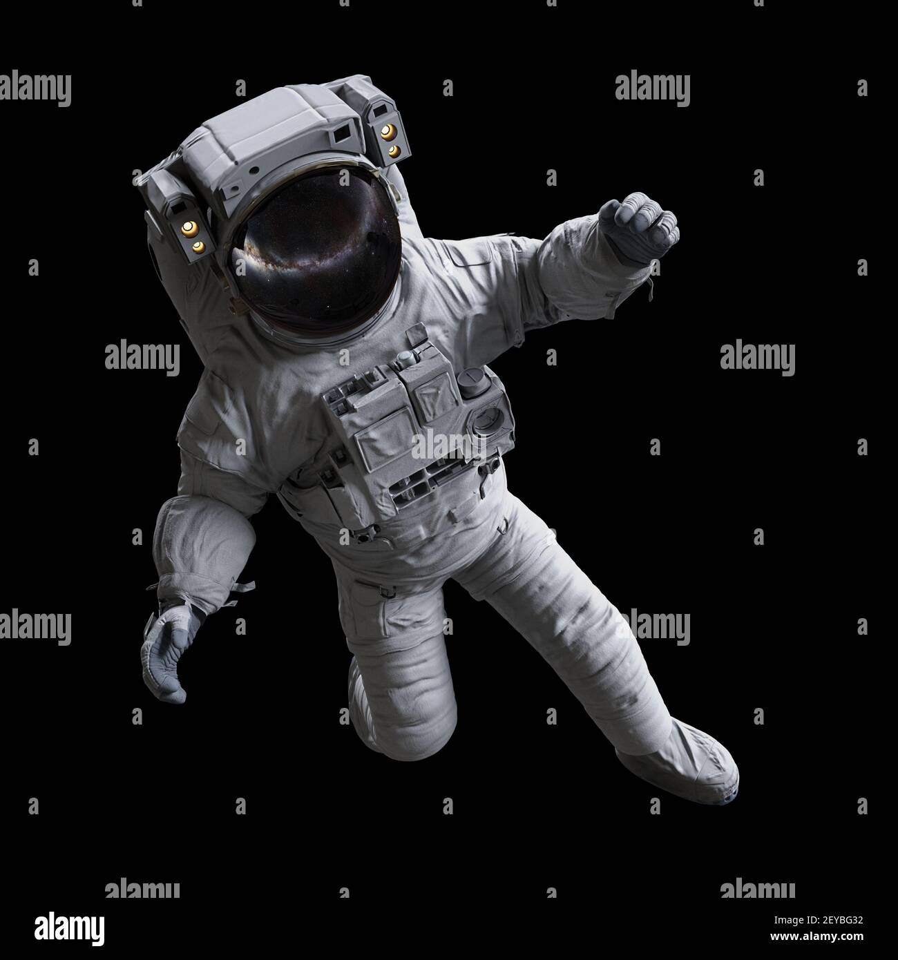 astronauta che esegue una passeggiata spaziale, isolato su sfondo nero Foto Stock