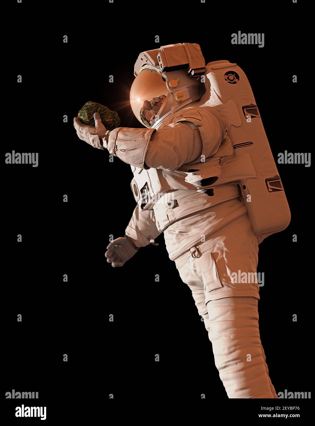 vita nello spazio, l'astronauta scopre la vita batterica sulla superficie di una roccia, isolata su sfondo nero Foto Stock