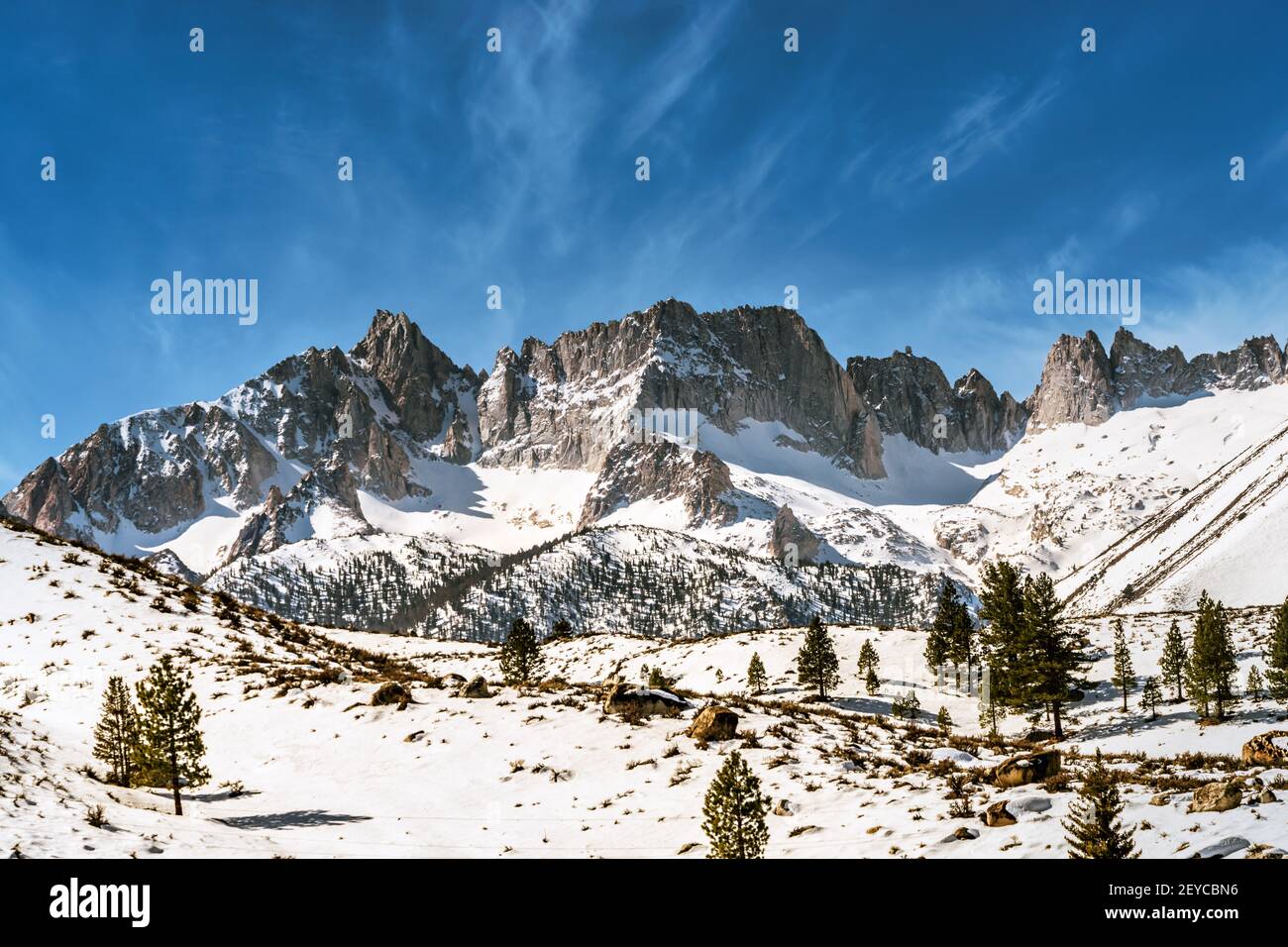 Aspre montagne della Sierra Nevadas orientale nella California settentrionale durante l'inverno. Foto Stock