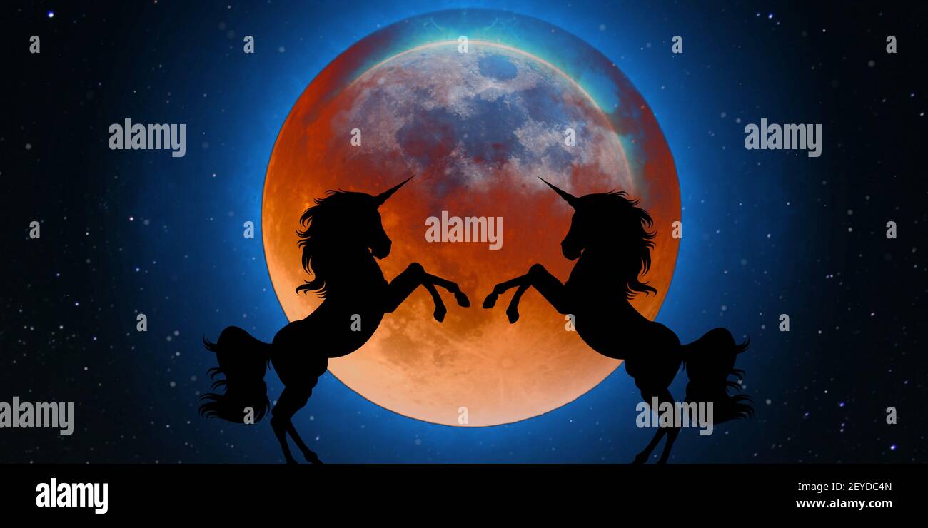 Un'illustrazione della figura nera di due unicorni in fronte della luna piena Foto Stock