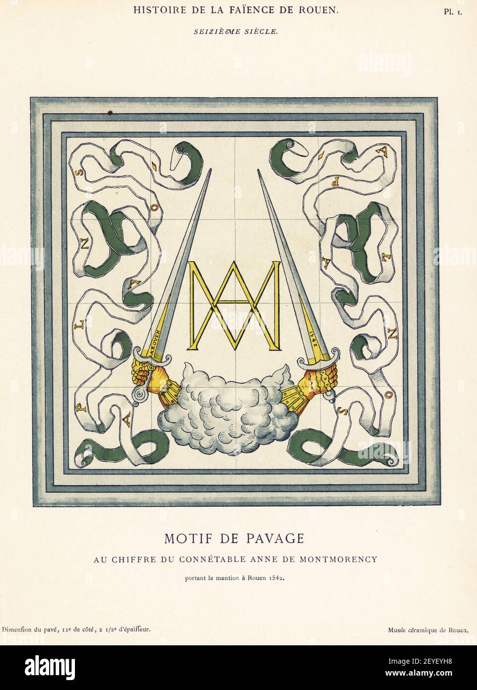Piastrelle di pavimentazione con le iniziali di Anne de Montmorency Constable, due guanto che tengono spade, 16 ° secolo. Motif de Pavage au chiffre du Connettable Anne de Montmorency portant la menzione di un Rouen 1542 Chromolithograph dopo un'illustrazione di Mlle. Emilie Pottier di Andre Pottier's Histoire de la Faience de Rouen, Auguste le Brument, Rouen, 1870. Foto Stock