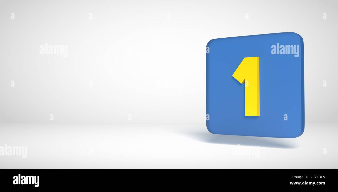 Raccolta di numeri di rendering 3D: Giallo n. 1, uno, in scatola piatta blu. Forma quadrata su sfondo bianco. Ombreggiatura uniforme e ampio spazio di copia. Foto Stock