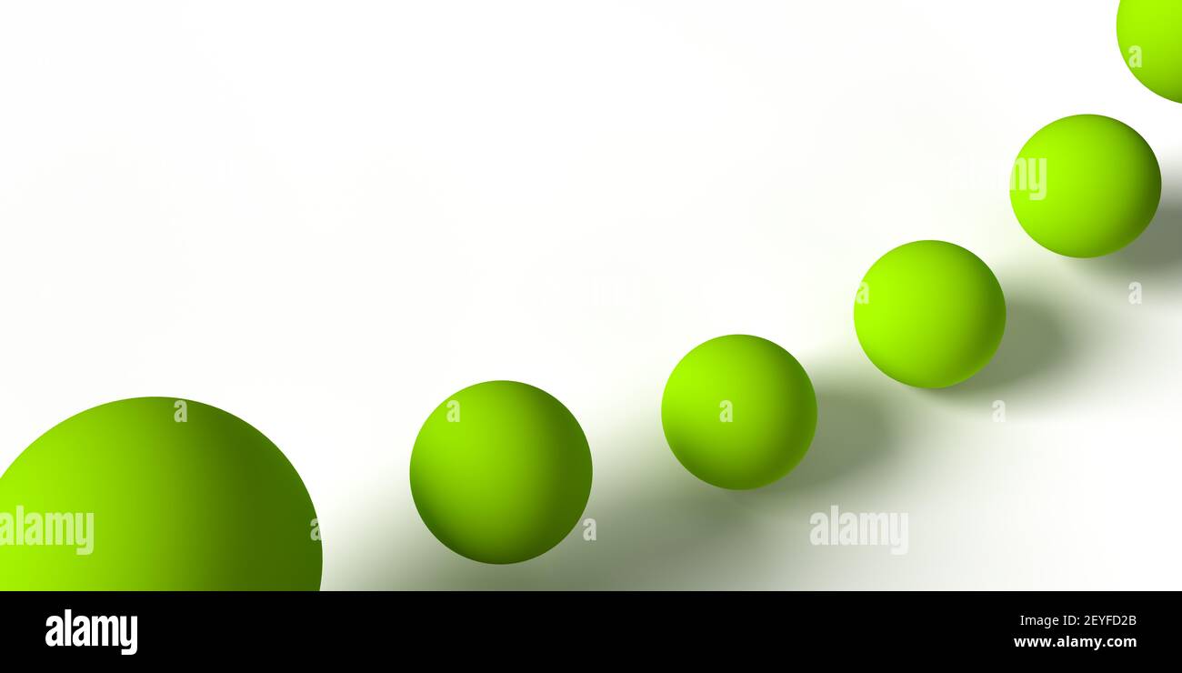 Onda fluttuante di sfere o sfere verdi rappresentate 3d su sfondo bianco nel disegno dell'illustrazione. Oggetti vettoriali con ombreggiatura e spazio di copia. Foto Stock