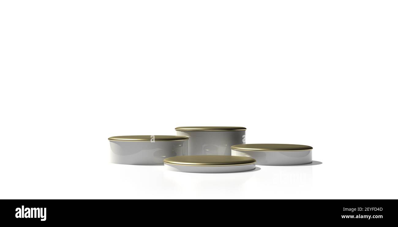 Scenografia geometrica dello studio con quattro forme d'oro del podio di fase. Piedistallo vuoto per showroom. Composizione minimalista della piattaforma in Illustrazione. Foto Stock