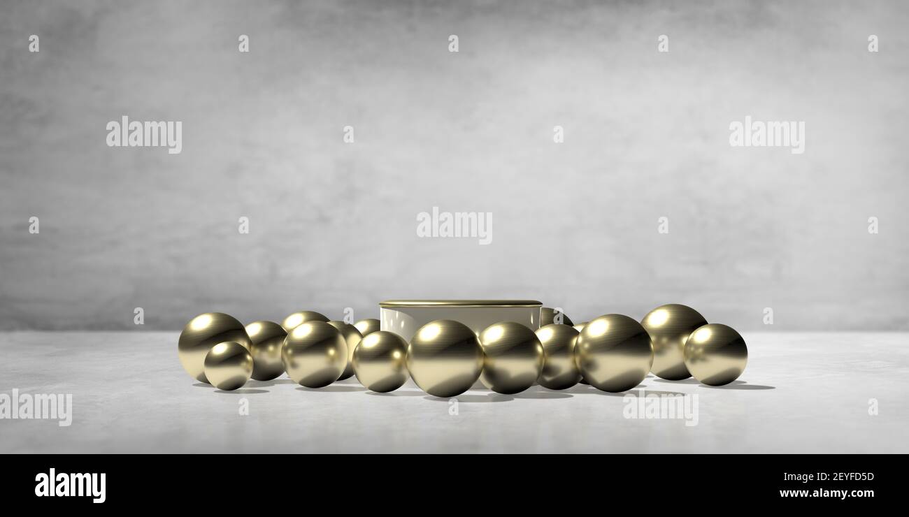 3D rendering geometrico scena da studio in forma di podio palcoscenico. Piedistallo vuoto per showroom in composizione platform con molte palline dorate. Foto Stock
