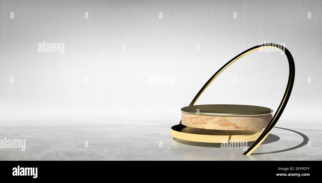 Scenografia geometrica in 3D in formato Stage Podium. Piedistallo Showroom vuoto in platform con arco dorato. Oggetti di disegno grafico Foto Stock