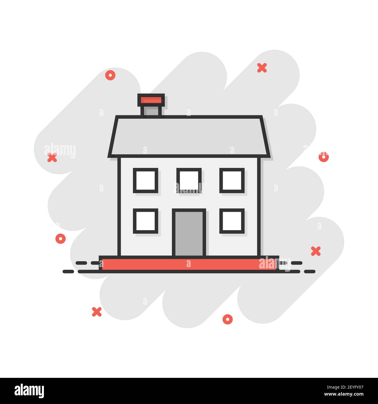 Vector cartoon icona di casa in stile fumetto. Edificio segno illustrazione pittogramma. House business effetto splash concept. Illustrazione Vettoriale