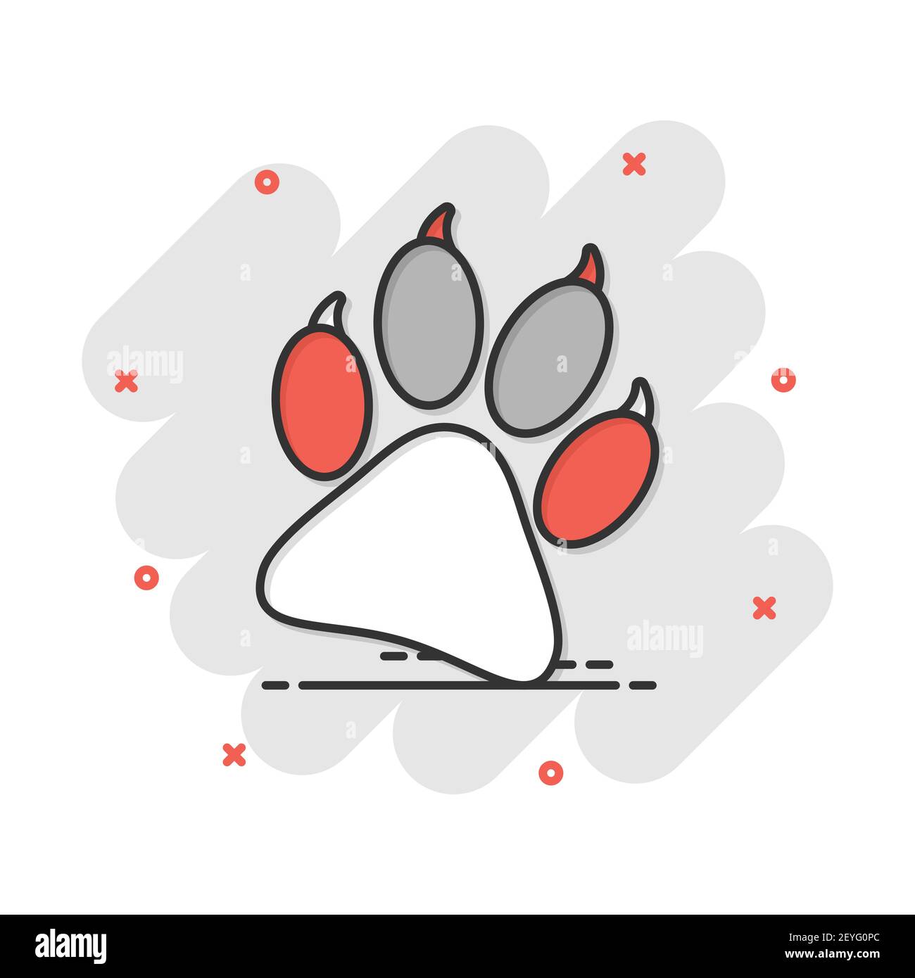 Vector cartoon paw icona stampa in stile fumetto. Cane, gatto, bear paw segno illustrazione pittogramma. Piede di animale business effetto splash concept. Illustrazione Vettoriale