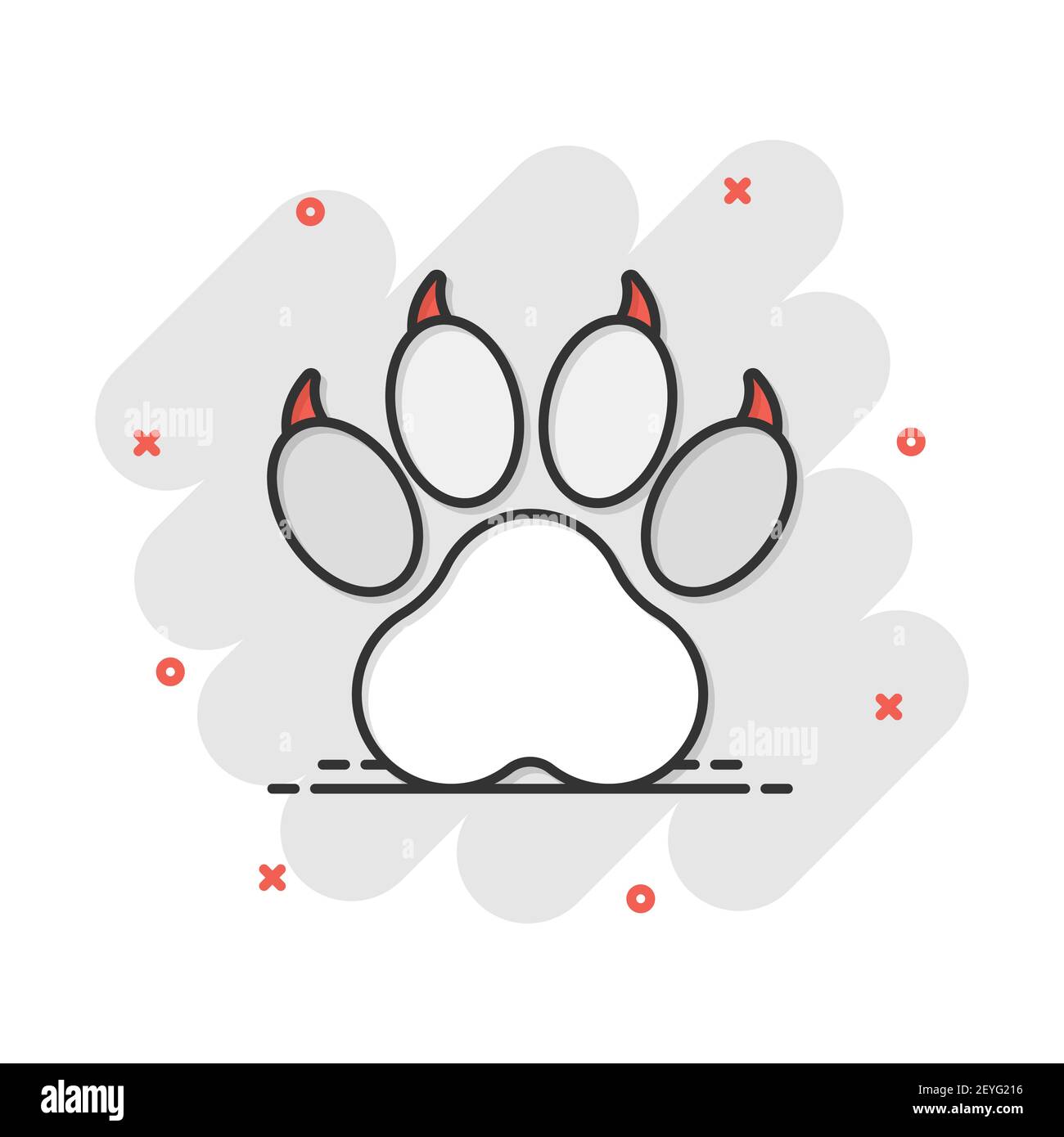Vector cartoon paw icona stampa in stile fumetto. Cane, gatto, bear paw segno illustrazione pittogramma. Piede di animale business effetto splash concept. Illustrazione Vettoriale