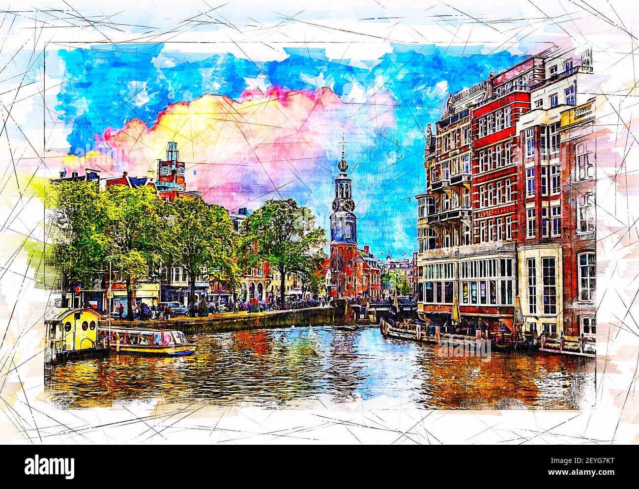 Vista del argine del fiume Amstel e la torre Munttoren. Amsterdam. Paesi Bassi. Illustrazione dello schizzo. Foto Stock