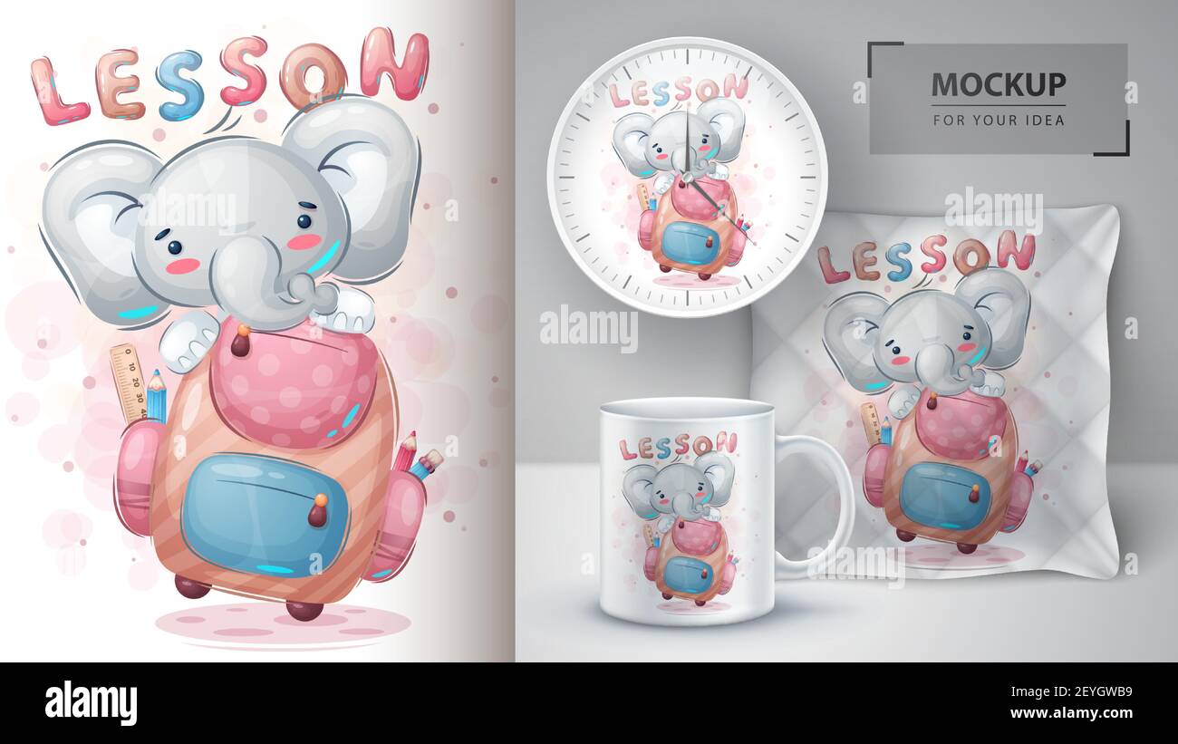 Elefante con poster e merchandising della borsa scolastica. Illustrazione Vettoriale